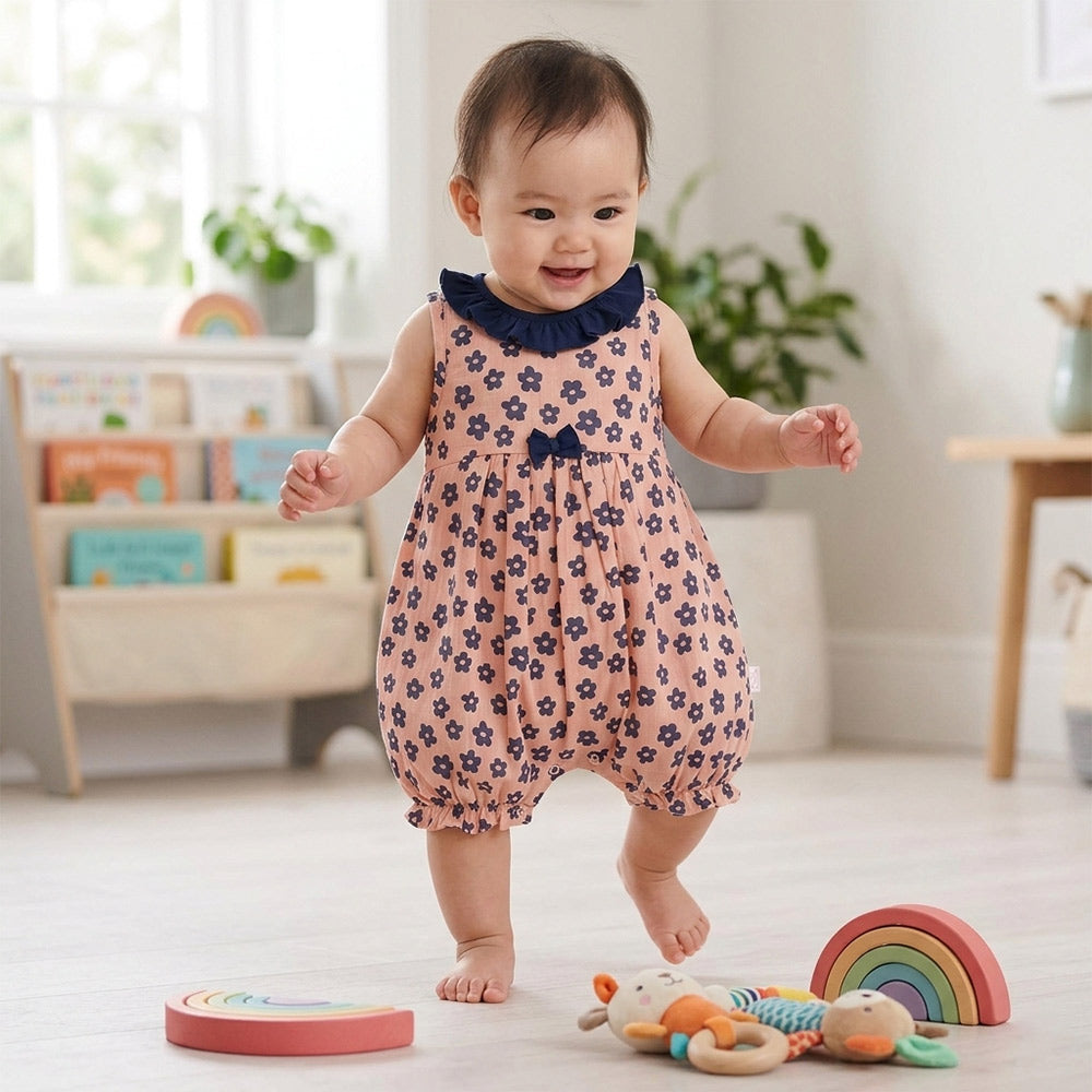 Bibo's Sleeveless Romper for Girls Pink Rough Fabric with Ruffled Collar
