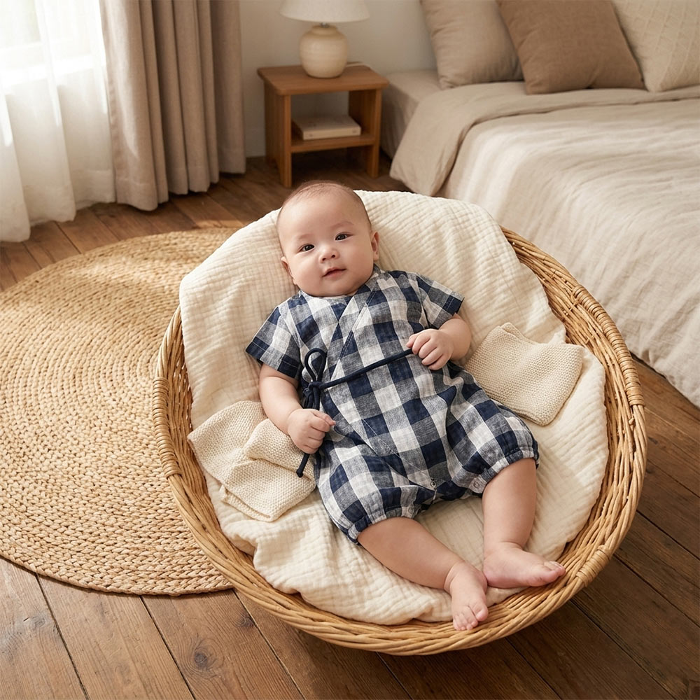 Bibo's Cross-Vamp Boy's Romper Blue Plaid