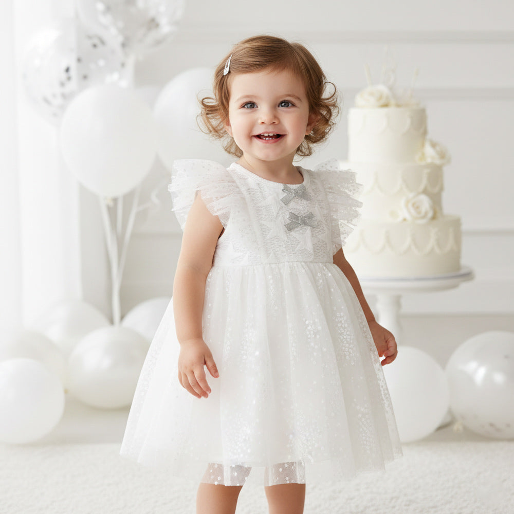 Bibo's Girl's Sleeveless Tutu Dress with Chest Bow White Flower