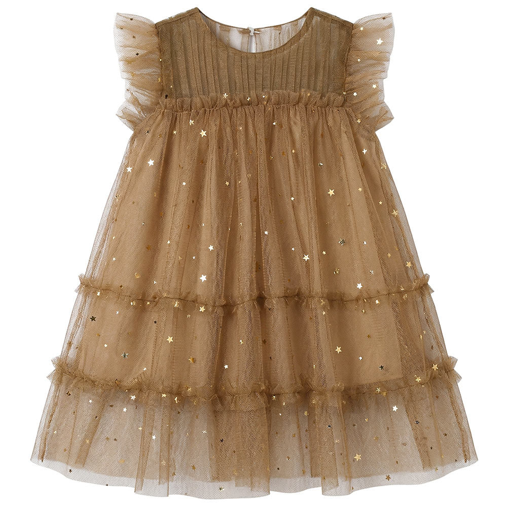 Bibo's Girl's Pleated Chest Tutu Dress Brown Star